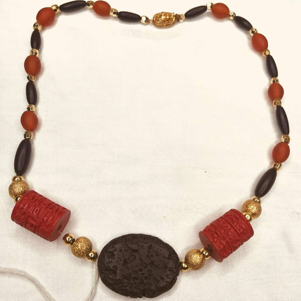 Vintage Lava & Tibetan Style Necklace – Mixed Materials, 48 cm